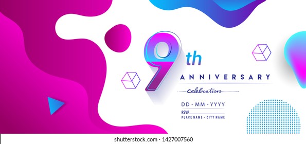 9th years anniversary logo, vector design birthday celebration with colorful geometric background and circles shape.
