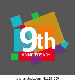 9th years anniversary logo, vector design isolated on colorful geometric background, for birthday celebration.