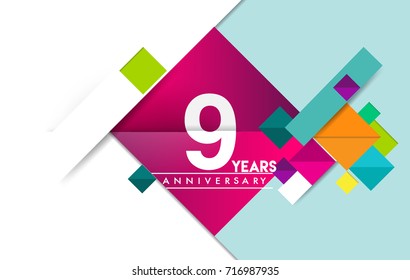 9th years anniversary logo, vector design birthday celebration with colorful geometric isolated on white background.