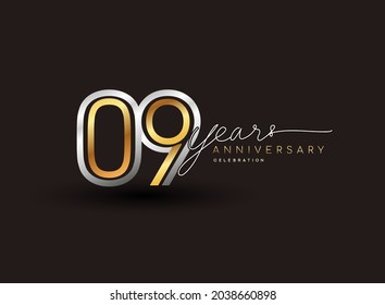 9th years anniversary logotype with multiple line silver and golden color isolated on black background for celebration event.
