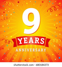 9th years anniversary vector background with red ribbon and colored confetti on blue flash radial lines. 9 years anniversary logo celebration card