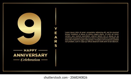 9th years anniversary, vector design for anniversary celebration with gold color on black background, simple and luxury design. logo vector template