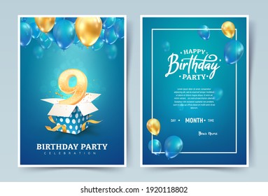 9th years birthday vector invitation double card. Nine years anniversary celebration brochure. Template of invitational for print on blue background