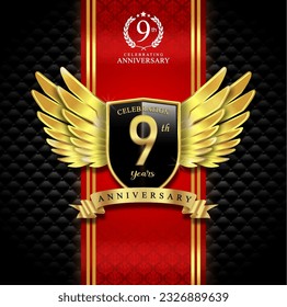 9th years celebration anniversary logo vector isolated on dark red and black luxury background