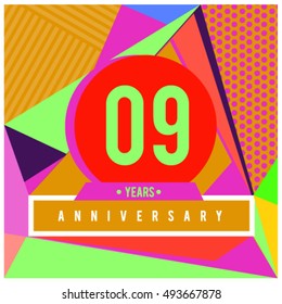 9th years greeting card anniversary with colorful number and frame. logo and icon with Memphis style cover and design template. Pop art style design poster and publication.