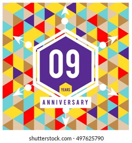 9th years greeting card anniversary with colorful number and frame. logo and icon with Memphis style cover and design template