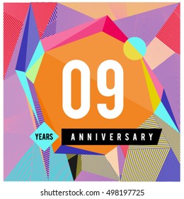 9th years greeting card anniversary with colorful number and frame. logo and icon with Memphis style cover and design template