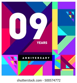 9th years greeting card anniversary with colorful number and frame. Memphis style cover and design template