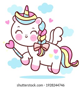 9.unicorn magic
Cute Unicorn vector pegasus holding magic wand fly on pastel sky with sweet cloud and heart pony cartoon kawaii animals background: Series fairy tale characters horse (flat Girly)