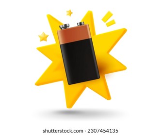9v battery with explosion effect. 3d vector mobile application icon with notification