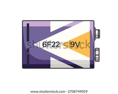 9V battery icon. Lithium accumulator for charging electronics with power. Reusable nickel cell for recharging devices with electrical energy. Flat isolated vector illustration on white background
