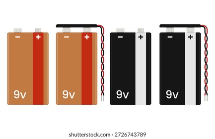 9V-Batteriesatz mit Anschlüssen einzeln auf weißem Hintergrund. Flache Vektorgrafik von 9-Volt-Batterien für elektrische Schaltpläne, Hobbyisten-Prototyping-Anleitungen und pädagogische Physik-Materialien