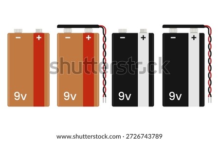 9V battery set with connectors isolated on white background. Flat vector illustration of 9 Volt batteries for electrical schematics, hobbyist prototyping guides, and educational physics materials