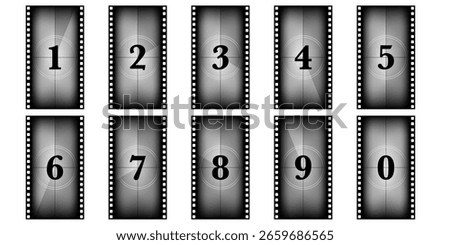 9x16 retro countdown timer with vertical film reel layout. Vintage screen sequence for motion clip, camera intro or television start. Grunge strip animation with timer numbers and frame