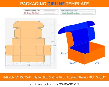 9x6x4 inch Custom Mailer Box Dieline Template 