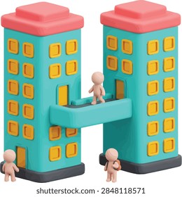 ['A 3D render of two turquoise buildings with pink roofs, connected by a skywalk, featuring small cartoon-like figures standing on the ground and bridge.']
