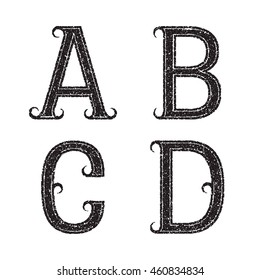 A, B, C, D black letters of grainy texture. Font in grunge style.