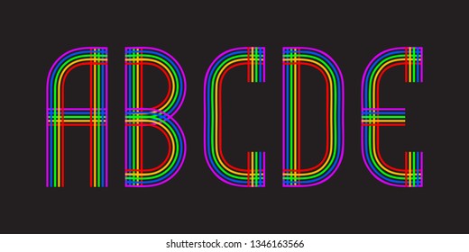 A, B, C, D, E multicolored lines letters. Isolated stylish font.