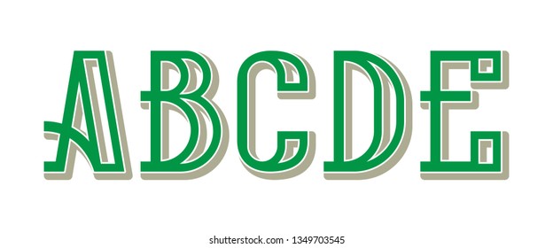 A, B, C, D, E green gray letters. Urban artistic font.