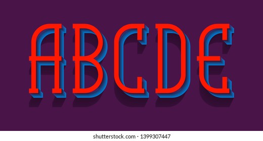 A, B, C, D, E illusive red blue letters. Urban 3d letters font.