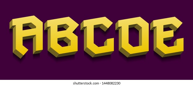 A, B, C, D, E yellow 3d letters. Bold volumetric font.
