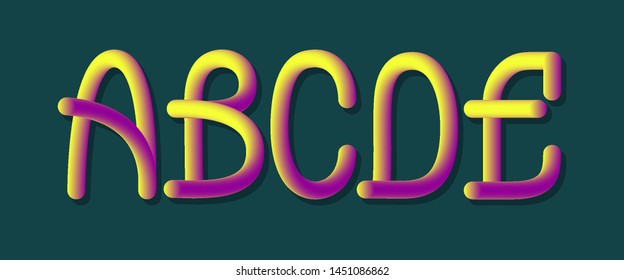 A, B, C, D, E yellow purple 3d letters. Gradient flexible font.
