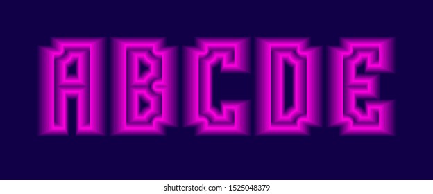 A, B, C, D, E letters with pink neon glow. Luminous 3d font.