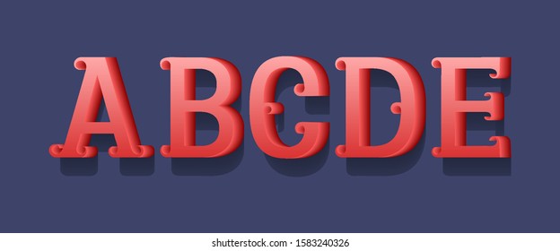 A, B, C, D, E red 3d letters with curly serifs. Volumetric retro font.