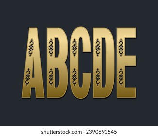 A, B, C, D, E vintage capital letters witn decor. Golden decorative font.