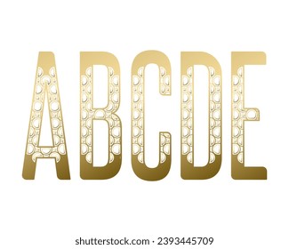 A, B, C, D, E capital letters design with exotic pattern. Golden decorative font.