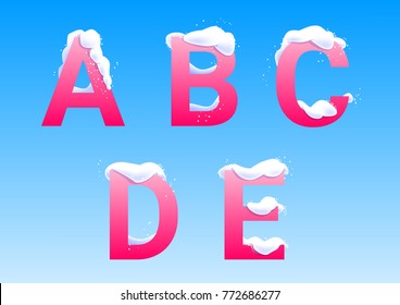 A, B, C, D, E winter letters with snow caps on blue background