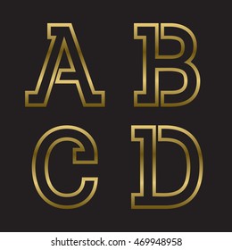 A, B, C, D gold stamped letters. Trendy and stylish golden font.