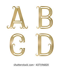 A, B, C, D golden letters. Font of lines with flourishes. Type in art deco style.