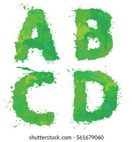 A, B, C, D, Handdrawn English Alphabet - Letters Are Made Of Green Watercolor, Ink Splatter, Paint Splash Font. Isolated On White Background.