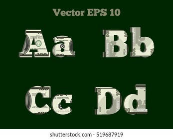 A; b; c; d; letters made of hundred dollars banknotes