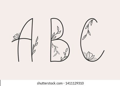 A, B and C letter set of a simple alphabet with floral elements.