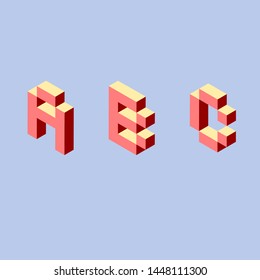 A, B, C letters 3 d pixel art set in isometric left. Red signs and letters on a light blue background