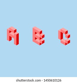 A, B, C letters 3 d pixel art set in isometric left. Red signs and letters on a light blue background