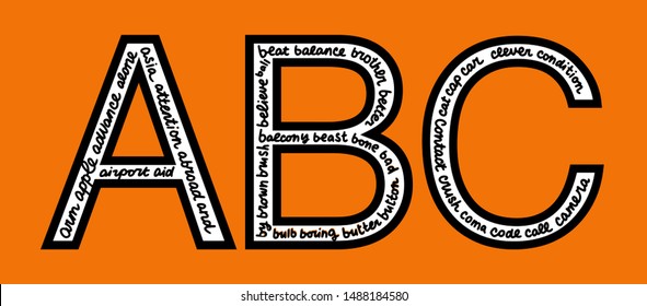 A, B, C letters with words inside hand drawn lettering in cartoon style. Orange background minimalism