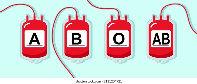 A, B, O, AB Blutbeutel spenden. Gib Blut für Poster, Banner und Hintergrund. Tageskonzept für Blutspenden in Vektorgrafik. Flaches Design.