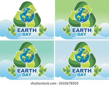 "A background image with an Earth Day theme, featuring elements such as the Earth, leaves, hands, the recycle logo, and plants, using green, blue, and turquoise colors — for a better Earth and a brigh