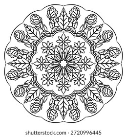 "Uma mandala preta e branca bonita com botões de rosas detalhados e flores florescentes. Este design de vetor botânico simétrico é perfeito para páginas de coloração adulta, papelaria de casamento, padrões têxteis e arte de decoração de casa."