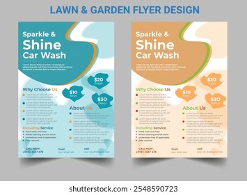 "A Beautiful Lawn and a Sparkling Car—All in One!" Lawn service flyer advertisement template, mown garden care leaflet concept, isolated.