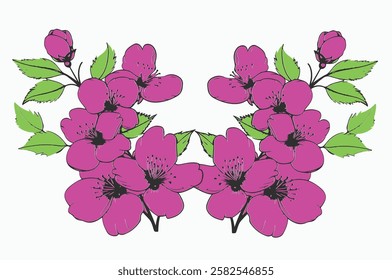 "A beautiful purple floral vector illustration with green leaves. Ideal for digital prints, invitations, greeting cards, and decorative designs."
