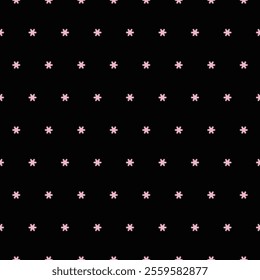 "A black background and a small, evenly spaced seamless geometric textile pattern. The stars are simple, symmetrical, and appear in a grid arrangement, creating a clean and concise repeating design."