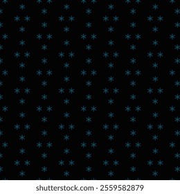 "A black background and a small, evenly spaced seamless geometric textile pattern. The stars are simple, symmetrical, and appear in a grid arrangement, creating a clean and concise repeating design."