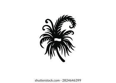 ['A black graphic illustration of a stylized ostrich feather plume with intricate wispy details and a curved stem on a white background']