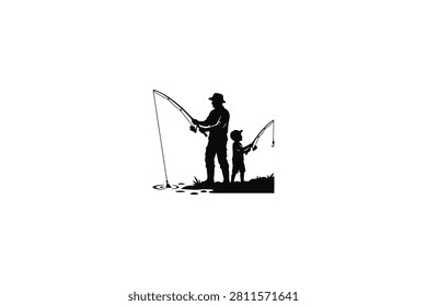 ['A black silhouette graphic showing an adult man and a young child standing side by side while holding fishing rods and casting lines into the water']
