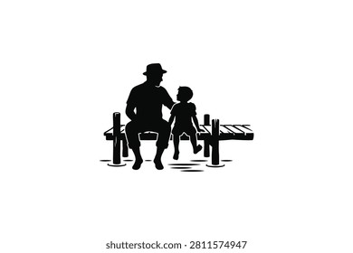 ['A black silhouette graphic showing an adult wearing a hat and a young child sitting side by side on a wooden dock over water']