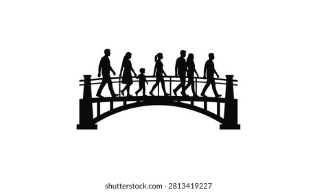 ['A black silhouette graphic showing a family and group of individuals walking together across a classic arched bridge structure against a white background']